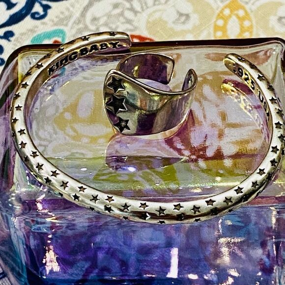 Sterling Silver Triple Cosmic Black Matte Stars  Wide Tapered Band Ring - Picture 3 of 3